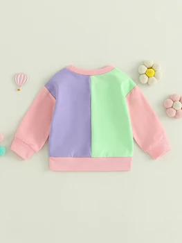 Зимняя одежда для маленьких девочек Контрастного цвета с буквенным принтом, пуловер с круглым вырезом и длинными рукавами, толстовка, наряд для малышей с подходящими брюками