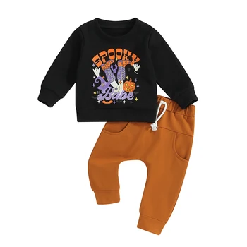 Осенние наряды для маленьких мальчиков на Хэллоуин, 2 предмета, спортивный костюм для малышей, толстовка с круглым вырезом и штаны с надписью в виде тыквы