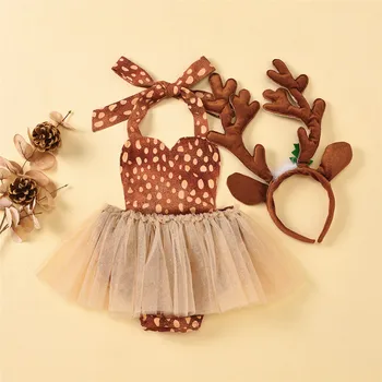 Боди с оленем для новорожденных девочек, платье без рукавов, комбинезоны с ремешками, кружевной сетчатый солнцезащитный костюм с открытой спиной, набор рождественских рогов, повязка на голову