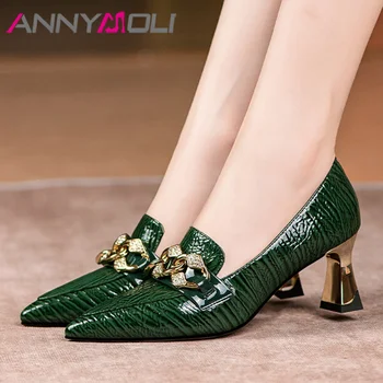ANNYMOLI / женские туфли-лодочки из натуральной кожи, Необычный стиль, Лоферы с острым носком, металлические украшения, Модная весенне-осенняя обувь для вечеринок, черный цвет