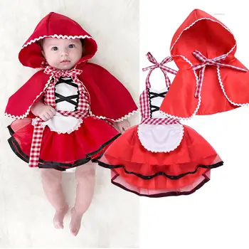 Костюм для фотосессии для маленькой девочки, клетчатое платье на бретельках с открытой спиной, Красная накидка-плащ 0-24 м, наряды для косплея для новорожденных малышей