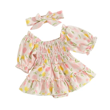 Платье-комбинезон для новорожденной девочки с оборками, длинный рукав, трикотажная юбка в рубчик, повязка на голову, осенне-зимняя одежда для младенцев