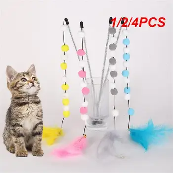 1/2 / 4ШТ Интерактивная игрушка для кошек, забавная красочная игрушка-палочка из шариковых перьев для кошек, игрушка для игры с котенком, игрушка-палочка для упражнений, принадлежности для домашних кошек