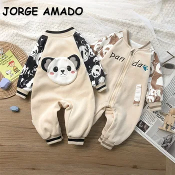 Корейский стиль, Весна-осень, комбинезон с рисунком для маленьких мальчиков, Черно-коричневый комбинезон с длинными рукавами на молнии, одежда для новорожденных, одежда для ползания E2264