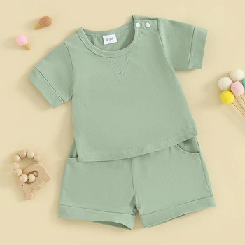 Летняя одежда для новорожденных мальчиков и девочек, однотонная футболка с коротким рукавом и круглым вырезом, шорты с эластичной резинкой на талии, комплект из 2 предметов