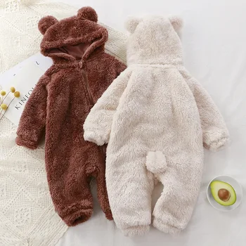 Зимний теплый детский комбинезон из кораллового флиса с мультяшным медведем с капюшоном для мальчиков и девочек, комбинезон для новорожденных, одежда, мягкие пижамные комбинезоны