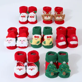 Рождественские детские носки для девочек и мальчиков, хлопковые нескользящие чулки с 3D мультяшной куклой, утепленные чулки для теплого пола, Рождественские аксессуары для новорожденных