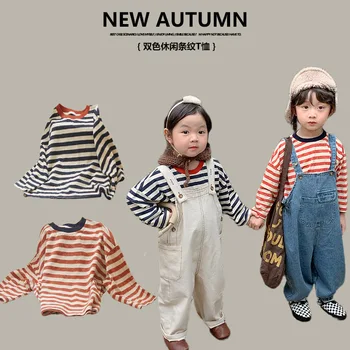 Детская одежда 2023, Осенняя Новая Корейская Повседневная Футболка в полоску, Детский Топ с длинным Рукавом и круглым вырезом