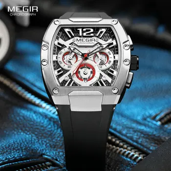Мужские серебристо-черные кварцевые часы с хронографом MEGIR, модные водонепроницаемые спортивные наручные часы с подсветкой и силиконовым ремешком с автоматической датой