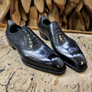 Черные мужские туфли-оксфорды на шнуровке с квадратным носком, весенне-осенние мужские модельные туфли ручной работы, бесплатная доставка, размер 38-46
