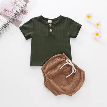 От 0 до 24 месяцев, Комплекты одежды для маленьких мальчиков из 2 предметов 2024, Летние футболки в рубчик с коротким рукавом + шорты, комплекты Хлопчатобумажной одежды для новорожденных, костюмы