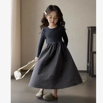 Детское платье 2023, Осеннее Новое Модное Вязаное платье для девочек, Однотонное платье Принцессы с длинными рукавами в стиле Пэчворк для девочек 3-10 Лет
