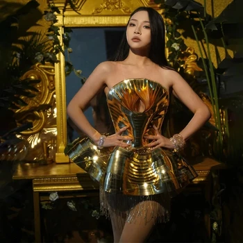 Костюм для телешоу Роскошная женская певица Звезда Золотое вечернее платье сексуальная одежда для танцев на сцене gogo