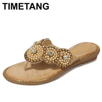 TIMETANG/женские шлепанцы-вьетнамки с круглым носком, украшенные стразами, женские шлепанцы на низком каблуке, уличная повседневная обувь для отдыха, женская