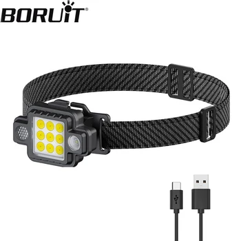 Налобный фонарь BORUiT COB с USB-перезаряжаемым мини-портативным налобным фонариком на магнитной основе, Встроенная батарея, светодиодные фары для кемпинга