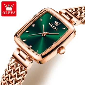 Кварцевые часы OLEVS для женщин, элегантные квадратные часы из розового золота и нержавеющей стали, оригинальные женские наручные часы, Ювелирный набор, роскошный подарок