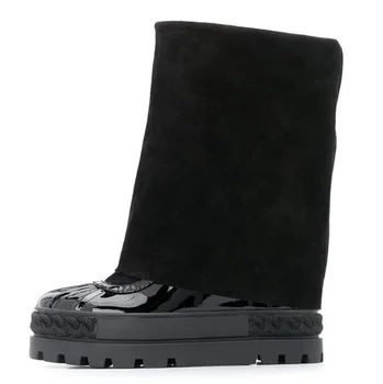 Черные замшевые ботинки на танкетке высотой 8 см, увеличивающие высоту, Женские двухсторонние ботинки из натуральной кожи, Ботильоны на платформе без застежки с круглым носком