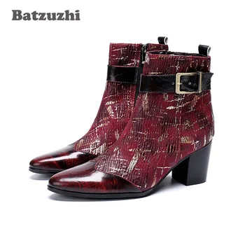 Мужские ботинки Batzuzhi на высоком каблуке 7 см, Винно-красные/черные Ботильоны для вечеринок и свадьбы, Мужские Botas Hombre с острым носком, Большие размеры 38-46