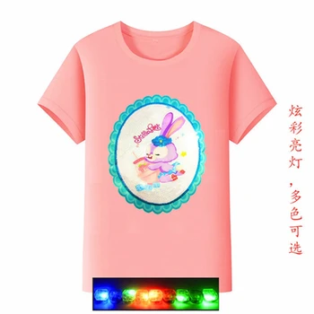 Летние футболки с короткими рукавами с героями мультфильмов, одежда для детей, девочек, топы с животными и кроликами со светодиодной подсветкой, футболки для мальчиков, детская одежда