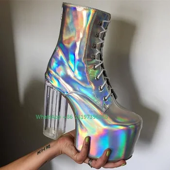 Женские цветные прозрачные дизайнерские ботинки на квадратном каблуке, ботильоны на платформе, вечерние ботинки на молнии, обувь на шнуровке, летнее платье, обувь 43