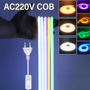 Неоновая светодиодная лента 220 В, водонепроницаемая наружная лампа CRI RA90 288 светодиодов / м, Гибкая лента, белый, красный, синий, зеленый COB-светильник с вилкой-переключателем ЕС