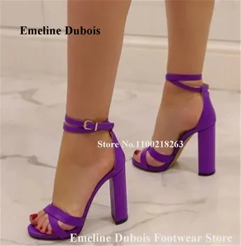 Женские Босоножки на массивном каблуке Emeline Dubois с открытым носком Фиолетово-черные ремешки из матовой кожи с перекрестными ремешками на толстом каблуке Клубные туфли-лодочки