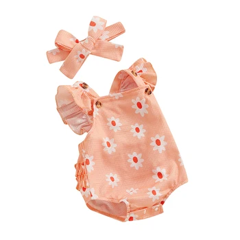 Летний повседневный комбинезон для маленьких девочек, оранжевый комбинезон с развевающимися рукавами и принтом ромашки, с повязкой на голову