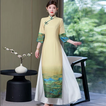 Женское Вьетнамское платье Ао Дай, весна-осень, Винтажное платье в китайском стиле, Cheongsam, женское современное элегантное длинное Ципао 2023 г.