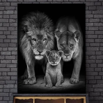 Африканский Король Лев Семейная Картина На Холсте Настенное Искусство Черно-Белые Плакаты С Дикими Животными Для Гостиной Современный Домашний Декор