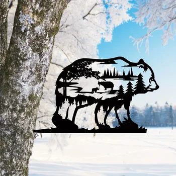 1 шт. Металлическое украшение для дома Скульптура силуэта лесного медведя Орнамент на стене деревенского домика Украшения из железного дерева, черный
