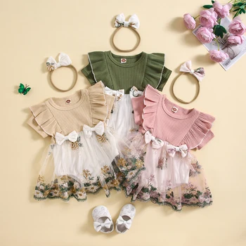 Летняя одежда из 2 предметов для маленьких девочек, короткий рукав, юбка с цветочной вышивкой, низ комбинезона, платья с повязкой на голову, комплект боди для девочек, платье