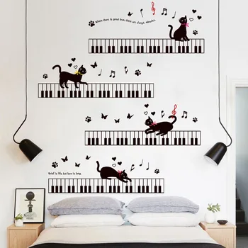 Наклейки на стену с мультяшным пианистом и котом для детских комнат, декоративные 3D наклейки на стену для детских комнат, большие наклейки на стены для детей.