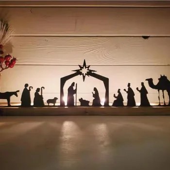 Черный Рождественский Декор Высококачественный Вертеп Металлическое Украшение Столешницы Деревянная Основа Набор Рождественских Фигурок Для Рождества