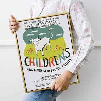Выставочный Плакат Бруклинского Федерального Художественного Проекта, Настенная Картина Отдела Обучения Искусству, Детская Картина С Изображением Коровы В Поле.