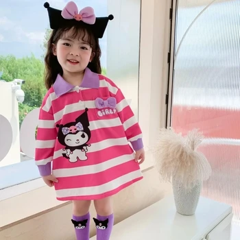Sanrios Kuromi/ платье-свитер для девочек из мультфильма kawaii Аниме, хлопковая одежда в полоску с длинными рукавами, повседневная одежда весна-осень от 3 до 8 лет