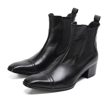 Botas Зимние Джентльменские Деловые Короткие Итальянские Туфли на среднем Каблуке Черного Цвета Из Натуральной Кожи Для Вечеринок Мужские Ботинки Helsea Boots