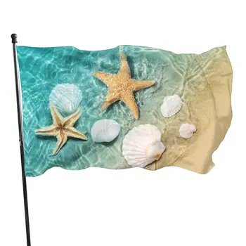 Морская звезда, ракушка на летнем пляже, флаг с морской водой, яркие цветные баннеры с 2 люверсами для наружного украшения помещений, сада и двора.