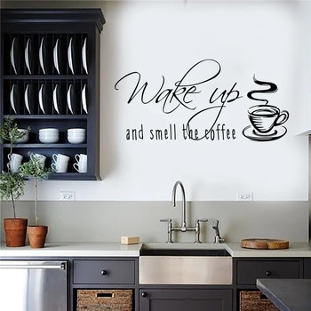 Проснись, почувствуй запах кофе Наклейка на стену Кухонный ресторан Кафе Вдохновляющая цитата Наклейка на стену Виниловый домашний декор