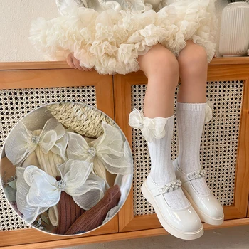 Носки для девочек Princess Kids, JK, блестящие стразы, чулки с бантом для девочек, весенне-осенние хлопковые носки до колена для малышей