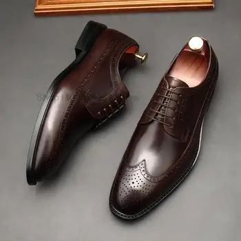 Роскошная брендовая мужская официальная обувь из натуральной кожи ручной работы, черные коричневые оксфорды на шнуровке, мужские офисные туфли из натуральной кожи Bullock