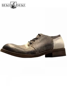 Дизайнерская мужская обувь ручной работы из натуральной коровьей кожи, весенние повседневные туфли-дерби на шнуровке с круглым носком, винтажные мужские модельные туфли