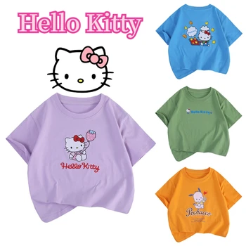 Sanrio Hello Kitty/ Милая Одежда Для девочек, Футболка с героями Мультфильмов Для Детей, Хлопковый Топ С короткими рукавами, Дышащая Детская Футболка С Милым рисунком