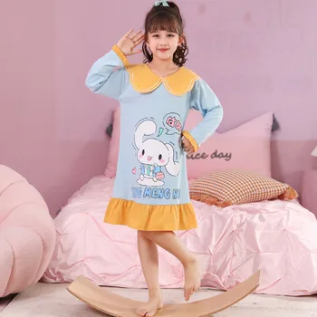 Sanrio/ Ночная рубашка Hello Kittys Для девочек, Cinnamoroll Kuromi, Весна-Осень, Лето, Хлопок С Длинными рукавами, Домашняя одежда Для детей Среднего размера