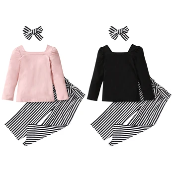 Bmnmsl Комплект одежды для маленьких девочек, топы с длинными рукавами и брюки в вертикальную полоску с поясом и повязкой на голову, осенние наряды