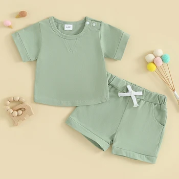 Летняя одежда для новорожденных мальчиков и девочек, однотонная футболка с коротким рукавом и круглым вырезом, шорты с эластичной талией, комплект из 2 предметов
